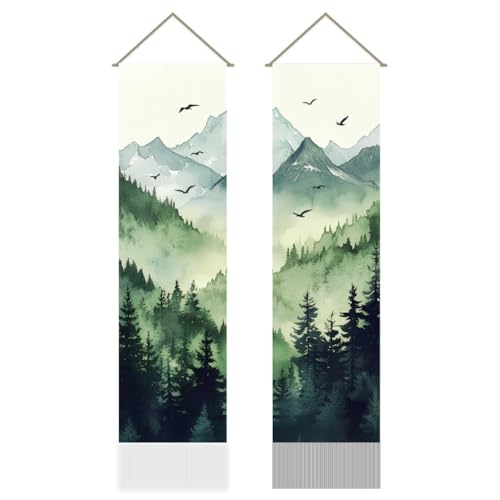 AHANDMAKER Pack of 2 Natural Scenery Tapestries, Mountain Forest Pattern Misty Foggy Vertical Chinese Doorway Curtain Tassel Tapestry Wall Hanging for Bedroom Living Room Home, 13 x 51 Inch - color: Mountain Forest