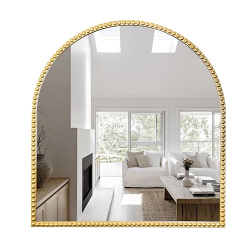 33"x 31"Arched Dresser Mirror, Antique Gold Wall Mirror Metal Beaded Frame for Living Room, Bedroom, Entryway, Bathroom
