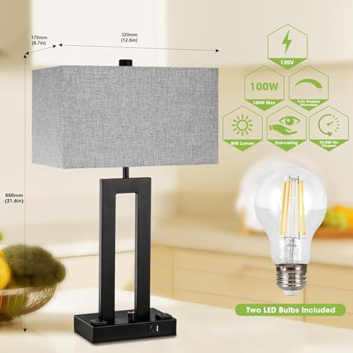 22" Table Lamps for Bedroom, Modern Bedside Lamps with Charging Ports - color: Gray