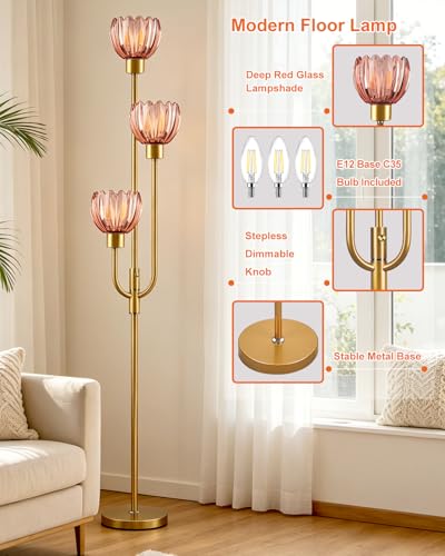 Modern Glass Floor Lamp 66IN 3-Light Red Glass Gold Dimmable Floor Lamps - color: Deep Red Lotus-Gold