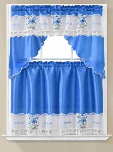 Generic 3-Piece Set Embroidered Window Curtain 2 Panels 1 Valance for Kitchen Restaurant Bar BR (Royal Blue BR-13) - color: Royal Blue Br-13