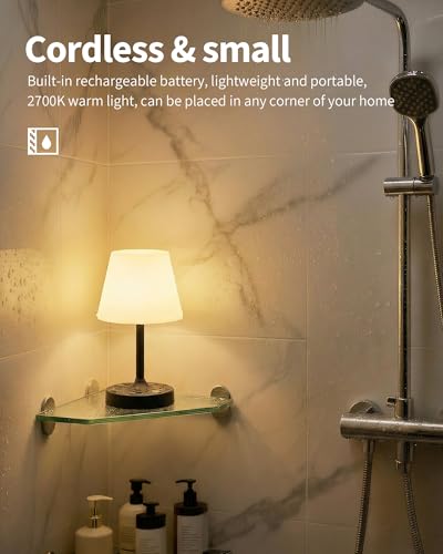 PUSU Cordless LED Black Small Table Lamp, Waterproof Shower Desk lamp - color: Matte Black (Metal + PE Plastic)