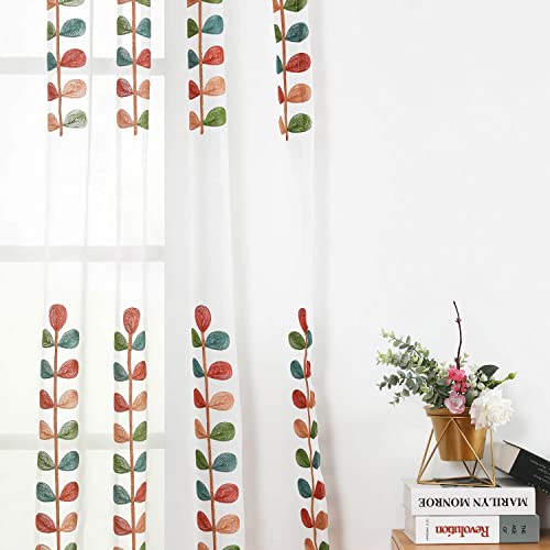 VOGOL Leaf Embroidered Sheer Curtains, 60 x 106, Grommet Top, 2 Panels - color: Matching Sheer, size: 60"W x 106"L (Pack of 2)