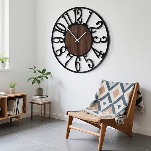 32" Silent Large Wall Clock – Adjustable Night Light, Battery Operated - color: Black Walnut - Arabic Numerals, size: 32 inch(80 cm)