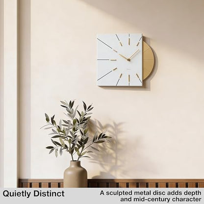 Driini White and Gold Mid Century Modern Wall Clock, Battery Operated - color: White