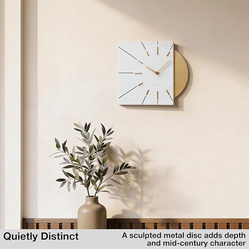 Driini White and Gold Mid Century Modern Wall Clock, Battery Operated - color: White