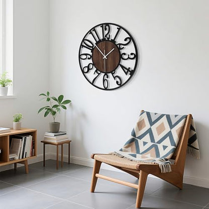 20" Silent Wall Clock – Adjustable Night Light, Battery Operated - color: Black Walnut - Arabic Numerals, size: 20 inch(50 cm)