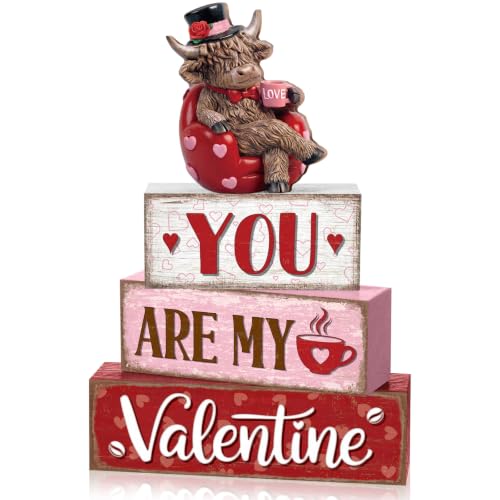 Yousoontic Valentine's Day Highlandcow Block Sign Rustic Tiered Tray Decor - style: Valentine's Day Highlandcow
