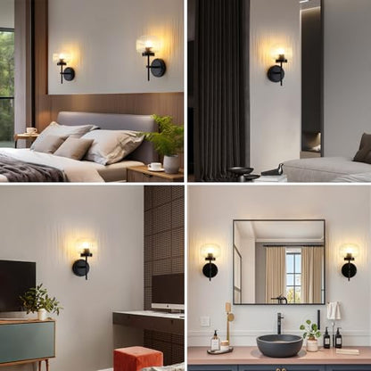 Battery Operated Wall Sconces Set of Two Rechargeable Battery Powered Gold Wall Light Fixtures with Remote Control Globe Glass Dimmable for Living Room Bedroom Mirror Hallway (2 Pack) - color: Black