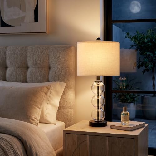 Oneach 25" Glass Table Lamps Set of 2, Black Modern Table Lamps with USB Ports for Living Room, Linen Shade Bedside Lamps for Bedroom, Nightstand, Side Table (Bulbs not Included) - color: Black