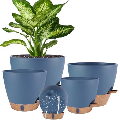 Self Watering Pots for Inoor Ourdoor Plants 10/9/8/7/6.5 Inch, 5 Pack - color: Navy Blue, size: 10/9/8/7/6.5 Inch