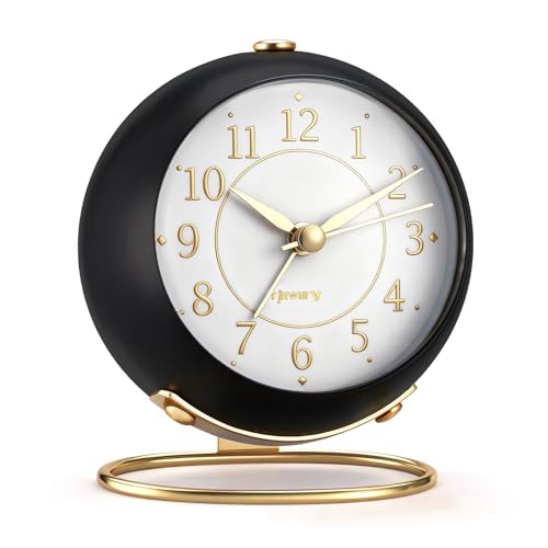 rjuwurv Metal Desk Alarm Clock, Retro Bedroom Table Vintage Analog Silent Non-Ticking Gold Alarm Clock, Bedside Decor(Black) - color: Black