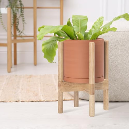 D'vine Dev Terracotta Pot with Natural Wood Stand, 8 in, 55-B-N-5 - color: Terracotta Pot + Natural Stand, size: 8 Inch