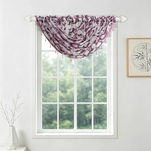 NAPEARL Purple Valance Curtain Organza Sheer Window Toppers Valances, Decorative Elegant Beaded Tassel Trim Rod Pocket Floral Scroll Swag Curtains for Windows, Bathroom, Kitchen - color: Purple, size: 40"W x 17"L (Pack of 1)