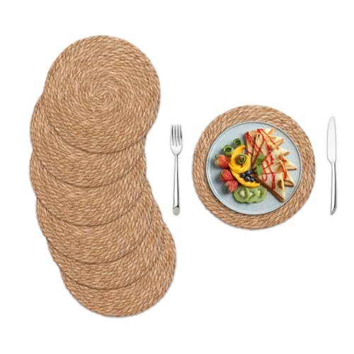Round Woven Placemats Set of 6, 12 Inch Boho Farmhouse Rattan Placemats Rustic Braided Wicker Table Place Mats Chargers for Dinner Plates - size: 12 Inch Set of 6