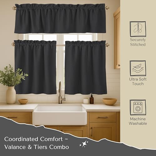Native Fab 3 Pieces Window Curtain Tiers 26"x36" and Valance 54"x18" Set - Rod Pocket - Semi Sheer - Farmhouse Short Curtain for Kitchen, Bedroom, Bathroom - Grey - color: Grey