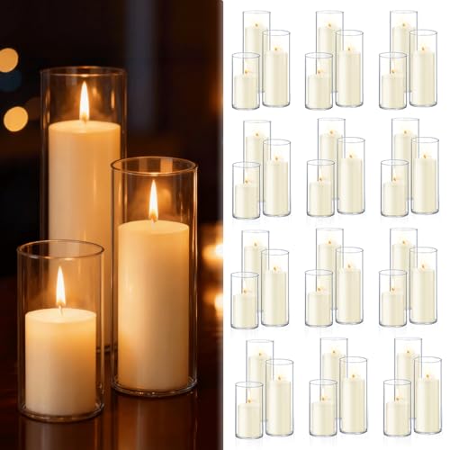 72 PCS Ivory White Pillar Candles with Glass Candle Holders Clear Hurricane Candle Holders Glass Cylinder Vases for Centerpieces Wedding Party, Event, Home Office (36 Candles+36 Candle Hoders) - style: 72 PCS Ivory White