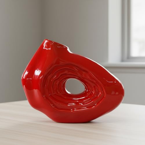 Sunddo Red Ceramic Vase, Donut | Small Modern Boho Decorative Vases for Flowers, Living Room, Desk, Home Decor, 7 Inch - color: Red, size: 7 inch