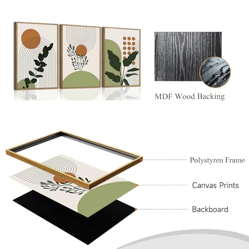 Boho Botanical Abstract Framed Canvas Wall Art Set of 3, 12x16 inch - color: Botanical, size: 12"x16"Natural