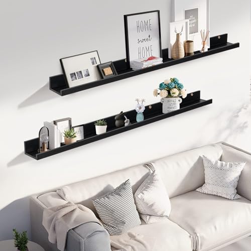 Muzilife 55" Large Floating Shelves Wood Wall Shelf with Lip, 2Pcs, Black - color: Black, size: 55"