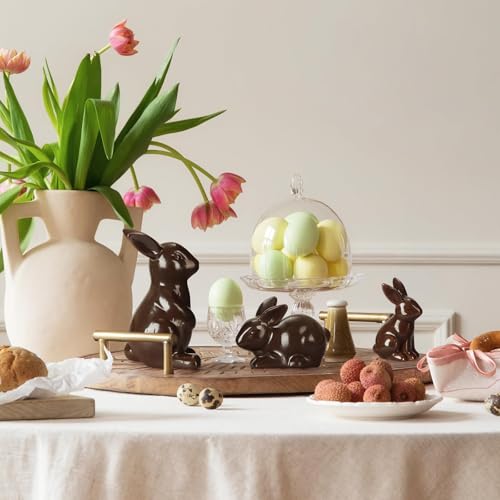 Tuitessine Set of 3 Easter Decorations Chocolate Ceramic Bunny Figurines Spring Home Decor Tiered Tray Desktop Mantle Shelf Table Centerpiece Mantel Display Easter Rabbit Ornaments Ideas
