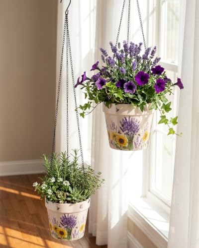 Stoneware Hanging Planters Set of 2, Large 7" + Small 5" - color: Set 2-lavender Fields