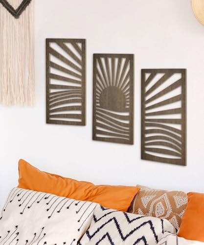 Putuo Decor 중세 목재 모던 벽 아트 3개 세트, 일출 풍경 벽 장식 자연에서 영감을 받은 기하학적 아트워크, 거실, 침실, 입구용, 다크 브라운 모던 벽 조각 - color: 선라이즈 웨이브