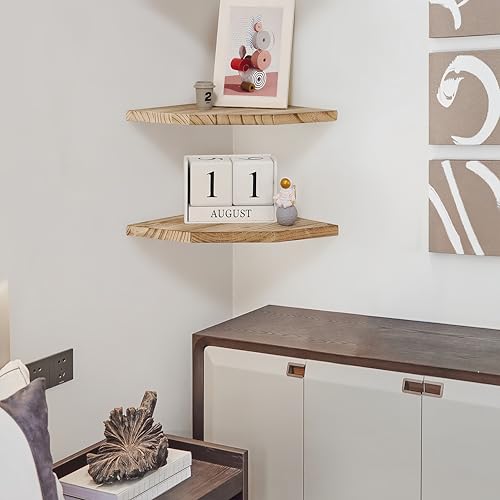 Joiishom Wood Corner Wall Shelves Set of 2, Solid Wood Corner Floating Shelves, Round End Wall Mounted Floating Corner Shelf for Bedroom, Living Room and Kitchen. (Carbonized-12 inch) - size: Carbonized-12 inch