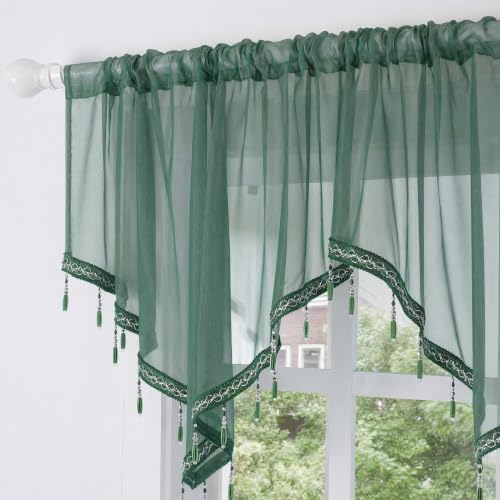 Molaxhome Swag Curtain Scalloped Curtain Valance Drape Sheer Lace Panel 1pc - color: Dark Green