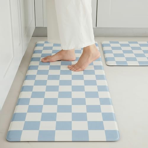 Ohocut Blue Checkered Kitchen Mats for Floor Set of 2, 2 Pcs Cushioned Non Slip Runner Rugs for Kitchen/Sink/Laundry, Comfort Aesthetic Cute Anti-Fatigue Foam Floor Mat 17.3"x29.5"+17.3"x47.2" - color: Blue
