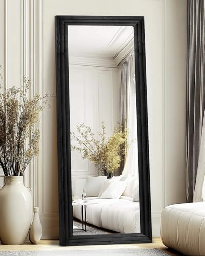 65x22in Full Length Mirror, 3-Tier Stepped Solid Wood Frame, Black - color: Black, size: 65"L x 22"W