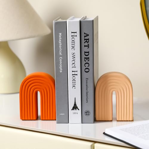 Harloon 2 Pcs Concrete Bookends Heavy Boho Arch Book Ends Decorative Rainbow Arch Shelf Back to School Gift Book Stopper Holders for Modern Home Office Desk Aesthetic Decor