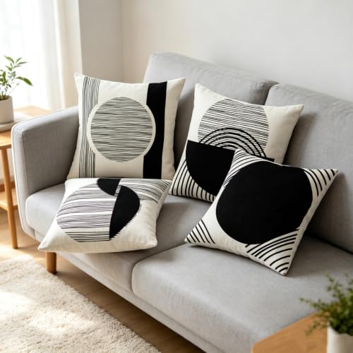 IcosaMro Boho Pillow Covers 18x18 Set of 4 Black and White Mid Century - color: Black Strip & Circle