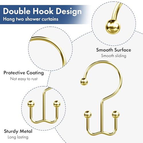Bathway Shower Curtain Hooks Gold Shower Curtain Rings, 12 Pcs Double Hook Shower Curtain Hooks Rings Shower Curtain Hangers Rust Proof, Metal Shower Hooks for Bathroom Shower Curtain Rod - color: Gold, style: Minimalist