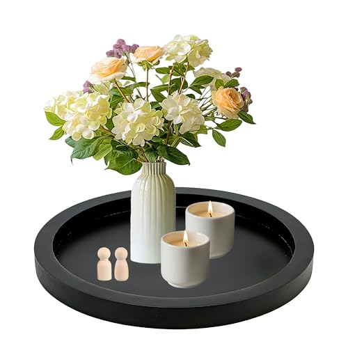 11 Inches Round Wooden Tray Decor,Black Decorative Trays - color: Black