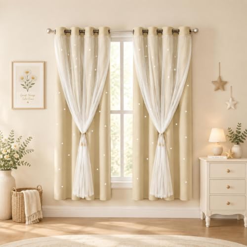 Beige Kids Star Cutout Curtains for Bedroom 52" W x 63" L 2 Panels - color: Beige, size: 52"W x 63"L (Pack of 2)