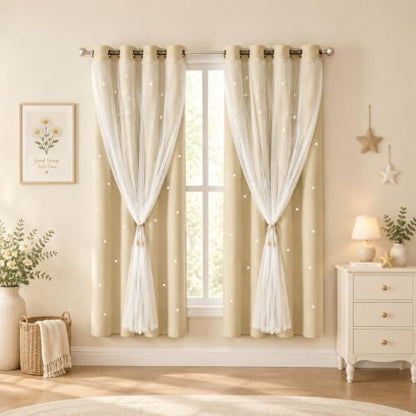 Beige Kids Star Cutout Curtains for Bedroom 52" W x 63" L 2 Panels - color: Beige, size: 52"W x 63"L (Pack of 2)