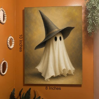 Halloween Wall Art Decor, Cute Ghost Witch Hat Canvas Print Framed Poster - color: W