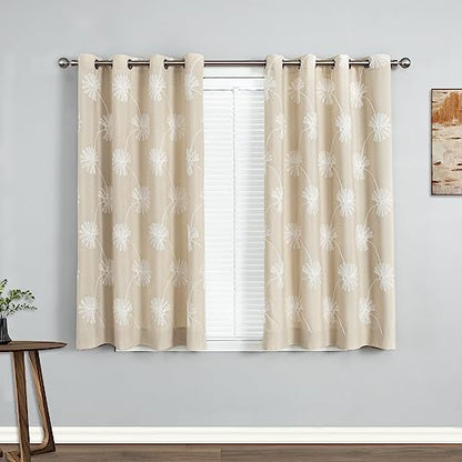 VOGOL Floral Embroidered Grommet Curtains, 52 x 63, 2 Panels, Beige - color: Beige, size: 52"W x 63"L (Pack of 2)