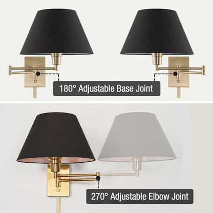 Kira Home Cambridge 15" Modern Swing Arm Wall Sconce + 3-Way Switch, 2-Pack - color: Cool Brass,Black Shade,2-Pack