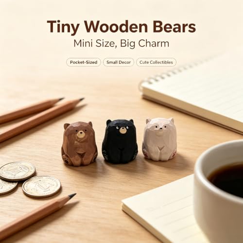 3 Pack Mini Sitting Wooden Bear Figurines, 1.4 Inch Desk Decor