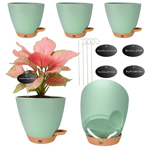 6 Inch Small Plant Pots for Indoor Outdoor Plants, 5-Pack, Self Watering - color: Green, size: 5 Pack 6 Inch