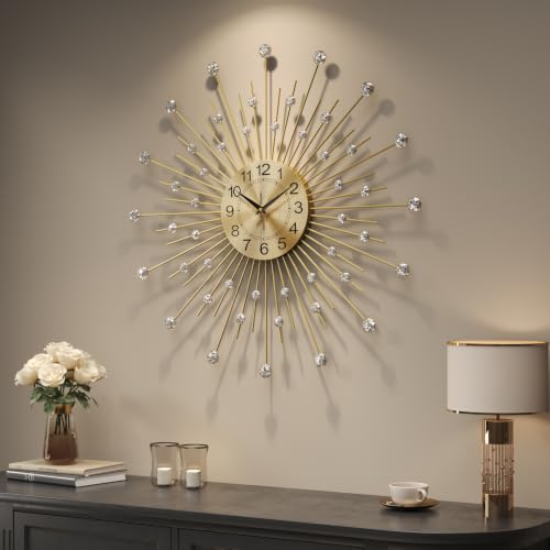 Cuspin 24 Inch Wall Clock Gold Mid Century Crystal Sunburst Metal Clock - color: Crystal Sunburst, size: Small