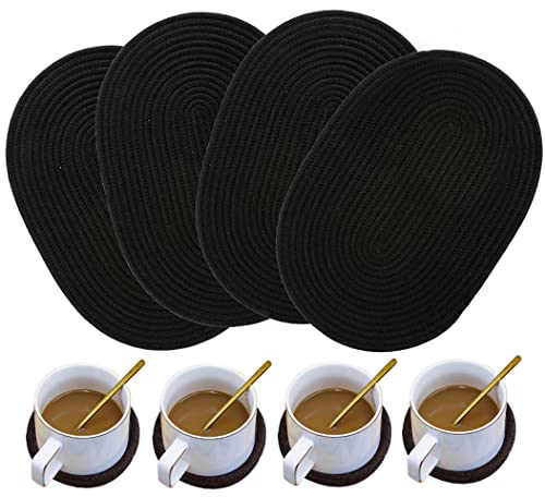 4 Pack Oval Woven Placemats and Set of 4 Round Fabric Coasters, Heat-Resistant Non-Slip Tablemats Woven Washable Charger Plates for Table Decoration (Black) - color: Black, size: Oval Set of 4