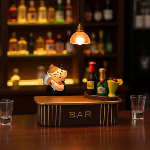 Funny Miniature Cat Bartender Figurines with Cocktail Bar for Office Desk Accessories, Unique Cat Gift for Cat Lovers (Bar Set) - color: Bar Set