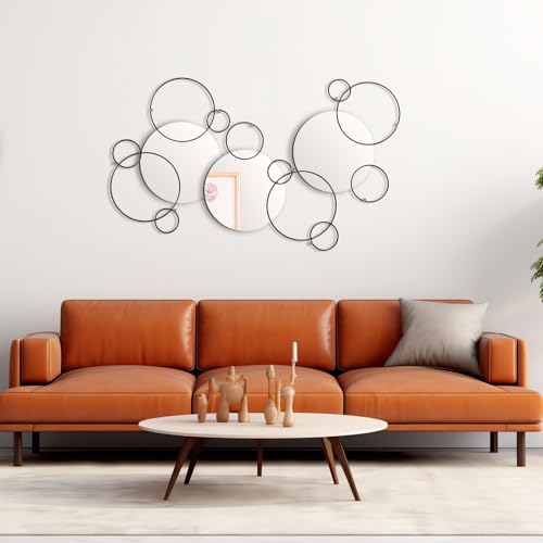 Hicarer 9 Pcs Split Decorative Wall Mirror Modern Black Wall Decor DIY Metal Wall Mirrors for Living Room Decor Circle Plates Overlapping Decorations Wall Decor Set for Hallway Entryway