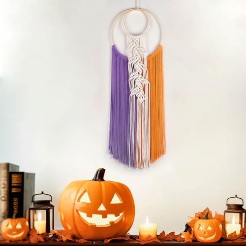 MEUNEAR Halloween Macrame Wall Hanging Orange Purple Dream Catchers Halloween Wall Art Decoration Boho Woven Tapestry for Bedroom Living Room Office Home Decor, 30L X 10W inches - color: Orange Purple
