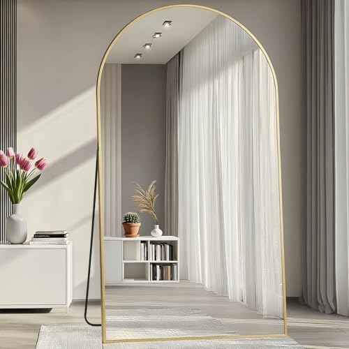Prywot Full Length Mirror, Oversized 77"x38" Arched-Top Floor Mirror, Gold - color: Gold, size: 77"L x 38"W