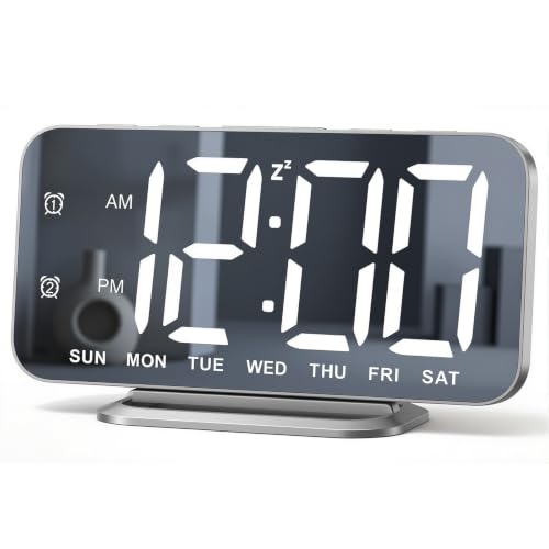 Slim LED Digital Alarm Clock, Mirror Surface for Makeup, with Diming, Large Display, Easy Setting, USB Ports, Modern Decor for Bedroom, Desk, Xmas, Birthday Gift for Women, Sister, Teen Girl, Silver - color: Silver