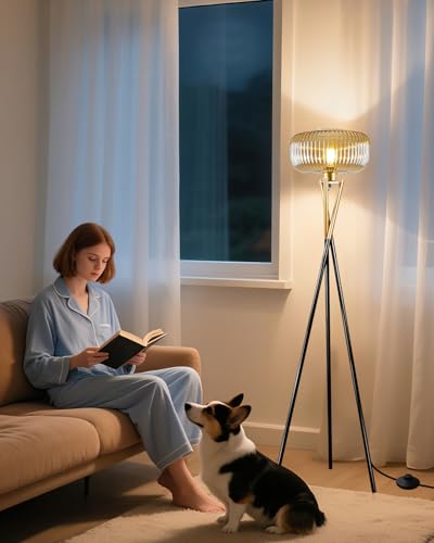 Lightdot Glass Tripod Floor Lamp for Living Room, Modern Gold&Black Standing Lamp with Ribbed Brown Glass Shade, Arc Tall Lamp for Bedroom/Reading Room/Sofa Beside/Corner Decor (Bulb Included) - color: 1 Brown Globe-Gold&Black